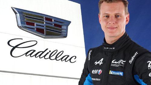 Schumacher über Cadillac-Absage Mick Schumacher posiert vor einem Cadillac-Logo (Fotomontage)